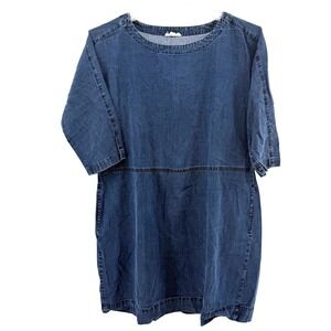 Eileen Fisher Denim Shift Dress Blue Tencel Organic Cotton Pockets Medium